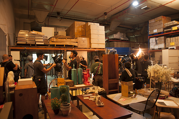 Crew preparing for a video shoot in Singapore G's warehouse space